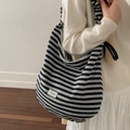 Large black and grey striped canvas tote bag with Bonjour Merci lace patch and pleated strap - Drawstring Crossbody Strap: Black-Grey Stripes (Arc Bottom)