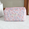 Detail of pink floral jacquard pencil case with MAY RABBIT label and metal zipper closure - Pink and Blue Floral