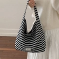 Large striped tote bag in grey and black cotton canvas with adjustable shoulder strap - Wide Strap Stripes Single: Black-Grey Stripes