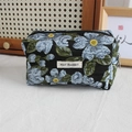 Detailed view of black floral jacquard pouch with blue flower patterns and zipper closure - Blue Floral
