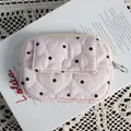 Détail du porte-monnaie rose matelassé à pois noirs sur une nappe en dentelle - Cœur Rose à Pois