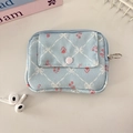 Detail of corduroy coin purse with floral print, front pocket and zipper closure - Blue Diamond Lattice Flower