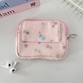 Detail of pink floral corduroy pouch with blue button pocket and gold zipper ring - Pink Floral
