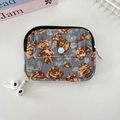 Detail of blue corduroy coin purse with brown rose prints and metal snap pocket - Blue Rose
