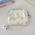 Detail of corduroy pouch showing green floral patterns and blue button closure - White Diamond Lattice Flower