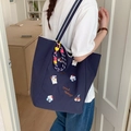 Grand sac cabas en toile bleu marine avec broderie cartoon et bandoulières - Bleu marine