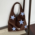 Dark brown wool tote bag with light blue star patterns and large capacity interior - Star Brown