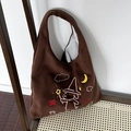 Brown fuzzy tote bag with dog and moon embroidery, casual wool shoulder bag - Magic Puppy (Brown)