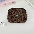 Detail of leopard print corduroy pouch with turquoise button and metal hook - Green Large Leopard