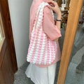 Detail of pink and white striped bubble texture fabric on a cloud-style shoulder bag - Pink and White Checkerboard