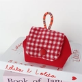 Detail of red houndstooth mini pouch with decorative button and colorful braided handle - Red Gingham