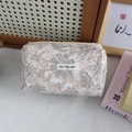 Floral embossed jacquard stationery pouch in light beige with gold flower patterns - Silk Galsang Flower Brown