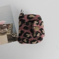 Detail of pink leopard plush coin purse with metal snap closure and hanging keychain ring - Woolen Pink Leopard Print