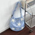 Borsa tote in lana blu pelosa con motivi a stella e tracolla a scrunchie alla moda - Tracolla Con Coulisse / Blu Stellato