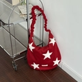 Borsa tote in lana rossa con stelle bianche e tracolla a nuvola con volant casual - Tracolla Con Coulisse / Stella rossa