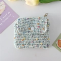 Detail of tweed coin purse with white snap button and metal zipper closure - Flip Card Holder / Blue