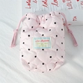 Pink heart-quilted drawstring camera pouch with black polka dots and woven label - Pink Polka Dot Heart
