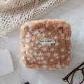 Close-up of deer pattern plush makeup bag with soft faux fur texture and branded tag - Deer Pattern Small Square Bag