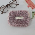 Detail of pink leopard plush coin purse with zipper closure and soft fur texture - Purple Pink