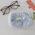 Detail of plush blue leopard coin purse with heart zipper and mayrabbit brand tag - Blue