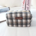 Trousse à maquillage à carreaux gris et marron avec fermeture éclair jaune et cuir - Laine Plaid Gris Clair Beige