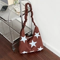 Brown faux suede shoulder bag with blue star embroidery and scrunchie strap design - Dark Brown
