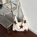 Star embroidered white tote bag with brown plush stars and scrunchie shoulder strap - Off White