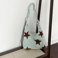 Mint green canvas shoulder bag featuring a dark brown star and ruffled strap - Mint Green