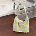 Light green suede hobo bag with yellow star embroidery and adjustable ruched strap - Light Green