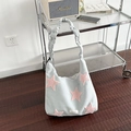 Blue-grey star embroidered canvas hobo bag with pink plush stars and ruffled strap - Gray Blue