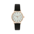 Reloj de cuarzo chic para mujer con caja oro rosa, esfera textura hielo y correa de cuero negro - Negro