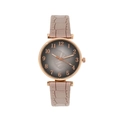 Women's quartz watch with rose gold case, leaf pattern dial and brown leather strap - Pink