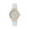 Detalle de la correa de cuero verde menta y esfera de reloj de cuarzo oro rosa - Blanco
