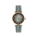 Elegant ladies quartz watch with grey leaf pattern dial and faux leather strap - Cyan