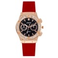Fashion quartz watch with red silicone strap and crystal bezel in rose gold case - Red