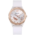 Minimalist white silicone quartz watch featuring rose gold dragonfly and floral dial patterns - White