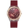 Deep red silicone watch featuring a rose gold octagonal bezel and floral butterfly dial - Red