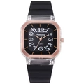 Reloj de cuarzo cuadrado minimalista con caja transparente y correa de silicona negra - Negro