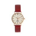 Chic women's watch with red stretch strap and rose gold round case on white background - Red