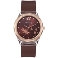 Detailed view of women quartz watch with butterfly dial and brown silicone strap - Brown