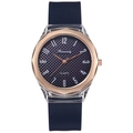 Detailed close-up of quartz watch with blue silicone strap and rose gold bezel - Blue