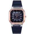 Reloj de cuarzo cuadrado minimalista con correa de silicona azul y bisel de oro rosa - Azul