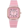 Close-up of pink quartz watch featuring a square rose gold case and silicone strap - Pink