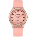 Detailed macro of pink silicone watch strap with rose gold octagonal metal bezel - Rose Pink
