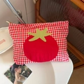 Red checkered cotton makeup bag with tomato embroidery patch in a rustic style - Red Plaid Tomato Handheld Bag