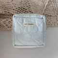 Detail of light blue quilted heart pattern pouch with zipper and May Rabbit brand label - Quilted Large Heart Light Blue