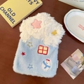 Detail of blue plush hot water bottle cover with embroidered stars and snowman motif - Blue House (With Inner Liner)