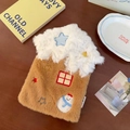 Detail of cozy house-shaped plush hot water bottle cover with snowman and star embroidery - Khaki House (With Inner Liner)