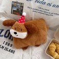 Close-up of soft brown plush dog hot water bottle with festive red polka dot hat - Without Liner / Dachshund