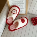 Detail of red apple plush slippers featuring cute embroidery and checkered lining - 36-37 / Red